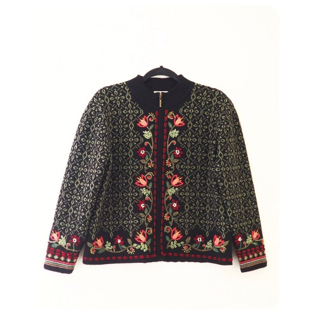 !! Carson Floral Embroidered Zip-up Sweater Jacket sz M